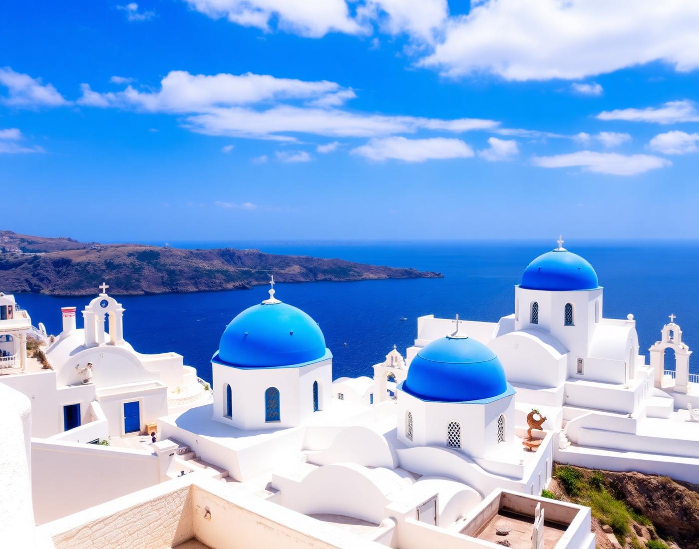 White Greek village with blue domes above the sea